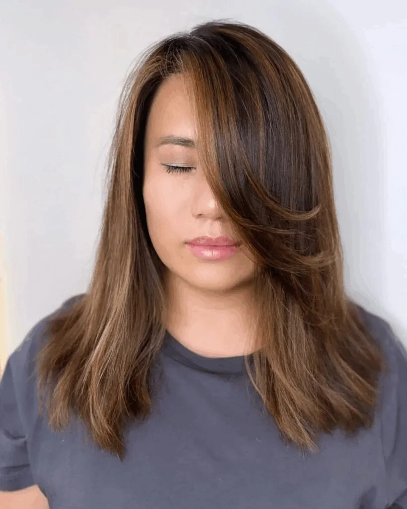 shoulder wavy chestnut lob shown as a dark brown color ideas idea, featuring center part, shown in long dark brown side layers