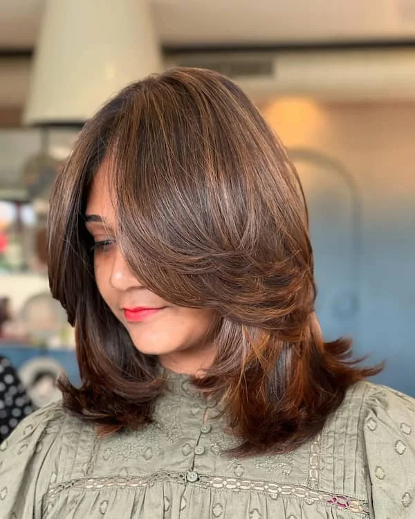 shoulder wavy chestnut lob shown as a dark brown color ideas idea, featuring sleek finish