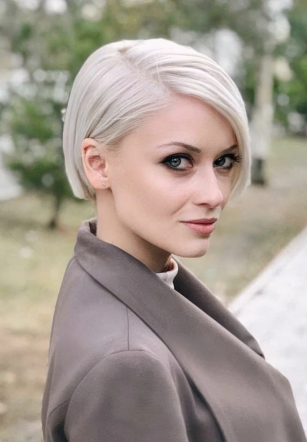 Minimalist platinum blonde ear-length bob with side part and a sleek top.