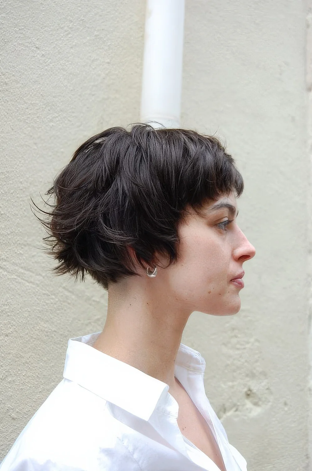 Shaggy ear-length brunette bob with messy bangs.