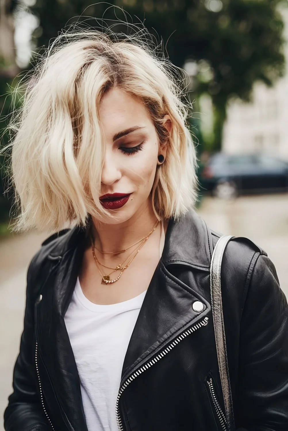 Photo showing short blonde bob with messy waves, with the hairstyle clearly visible.