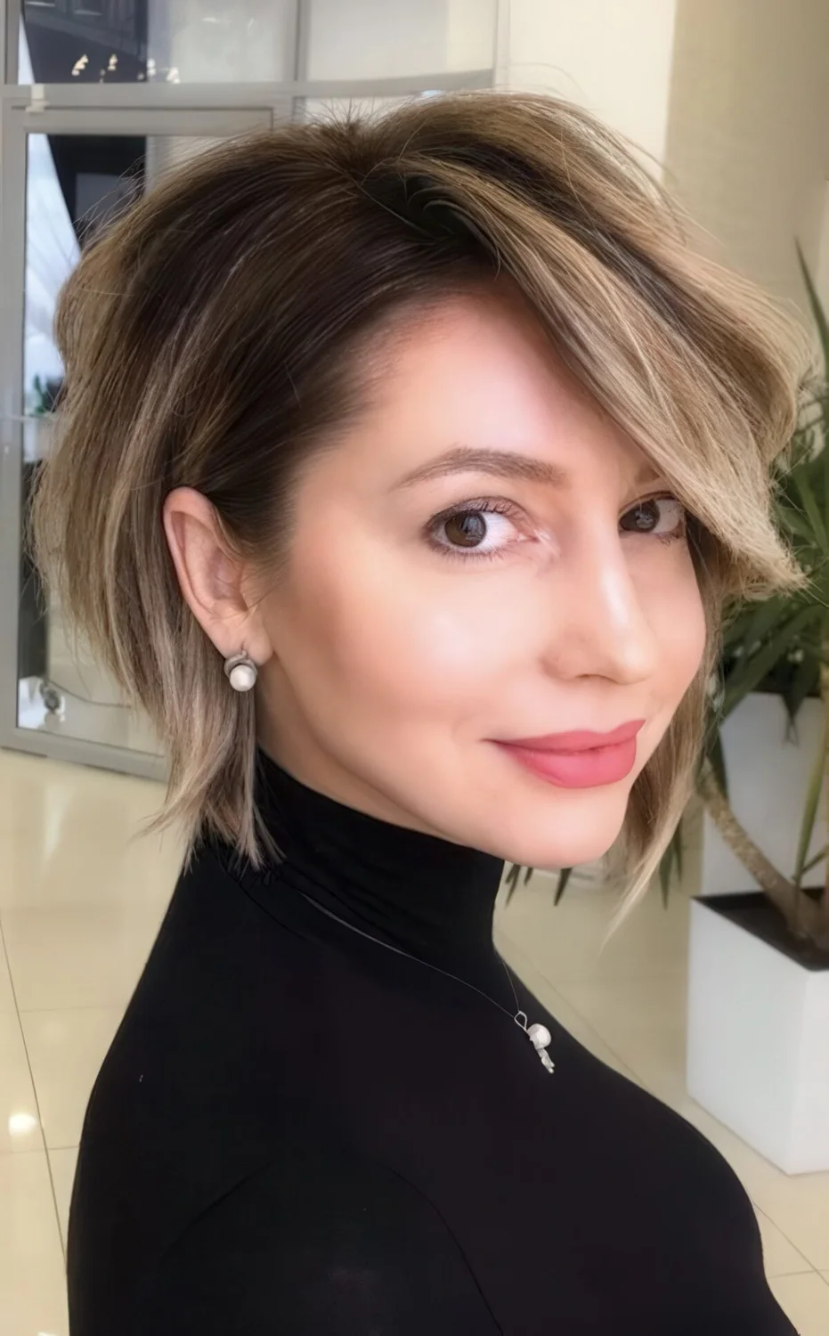 Short wavy and voluminous short bob with blonde balayage and side part.