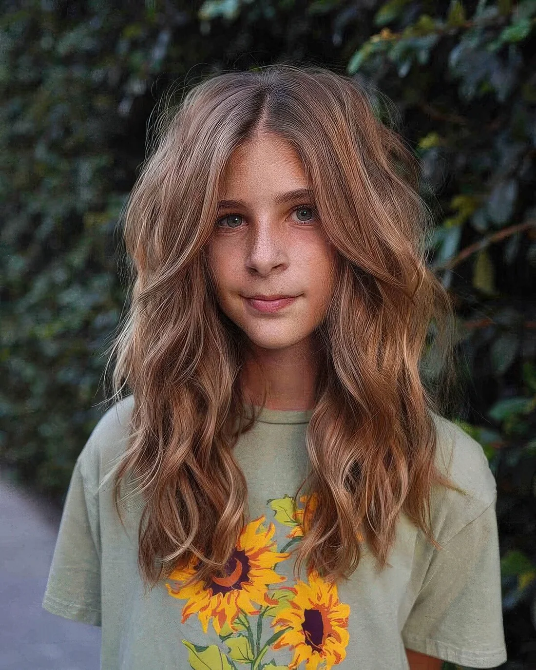 Long brunette wavy hair with caramel balayage and gold blonde touches including face-framing layers to accent the eyes.