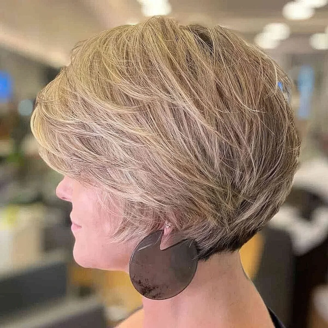 Photo showing heavily layered bob, with the hairstyle clearly visible.