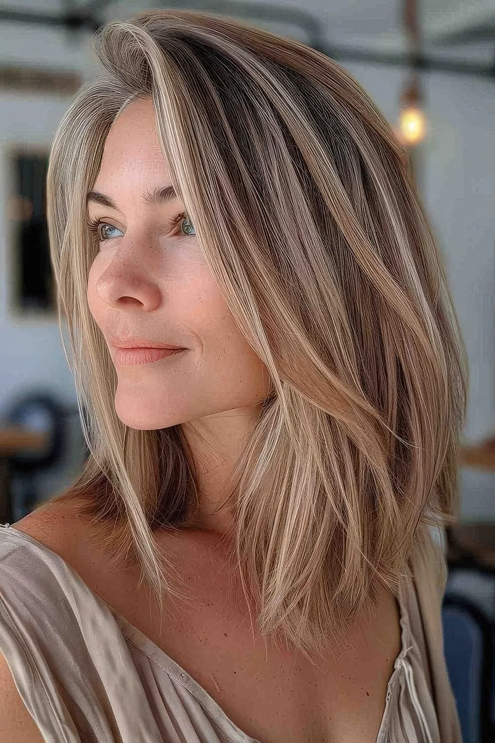 Long bob with feathered layers to add depth.