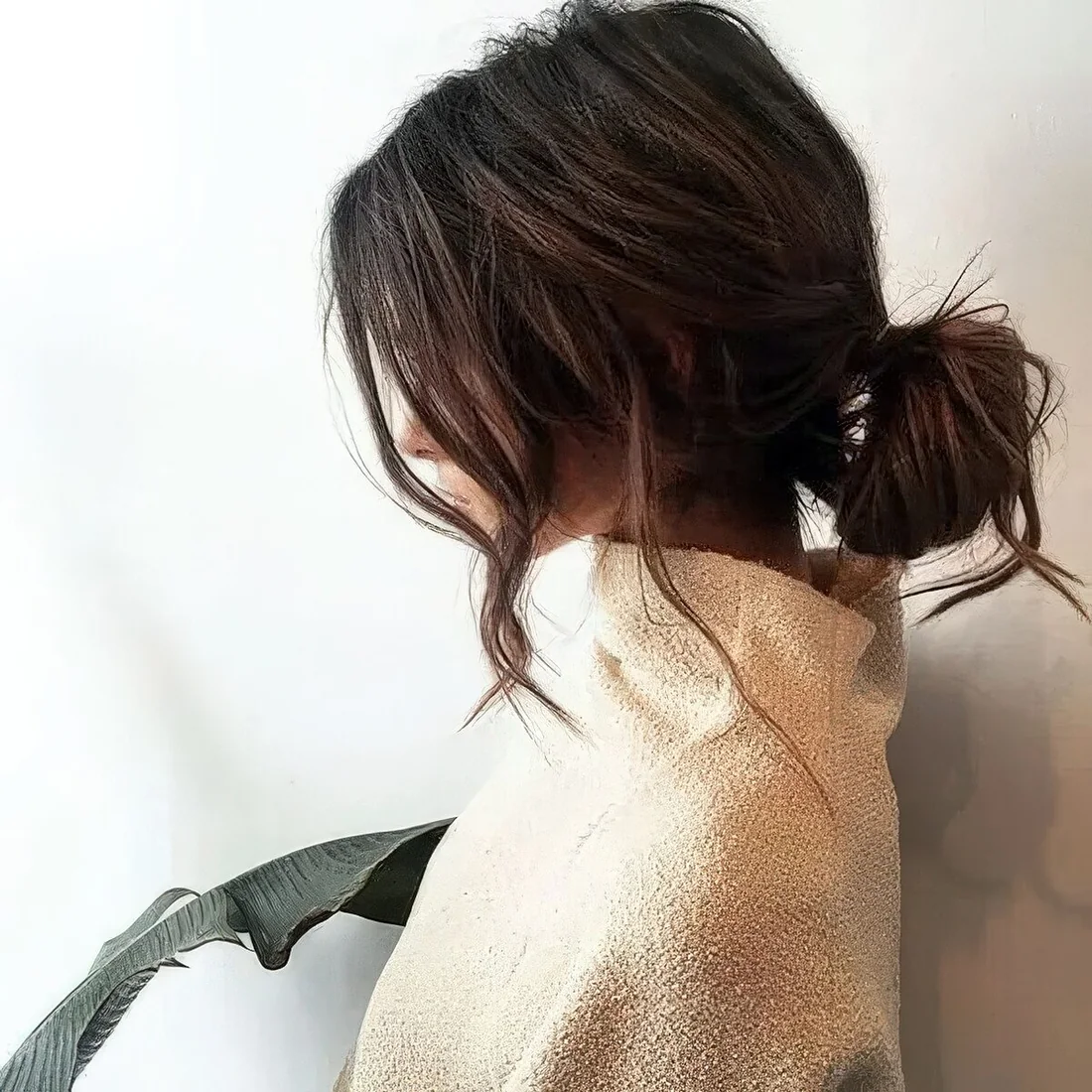Photo showing messy ponytail, with the hairstyle clearly visible.