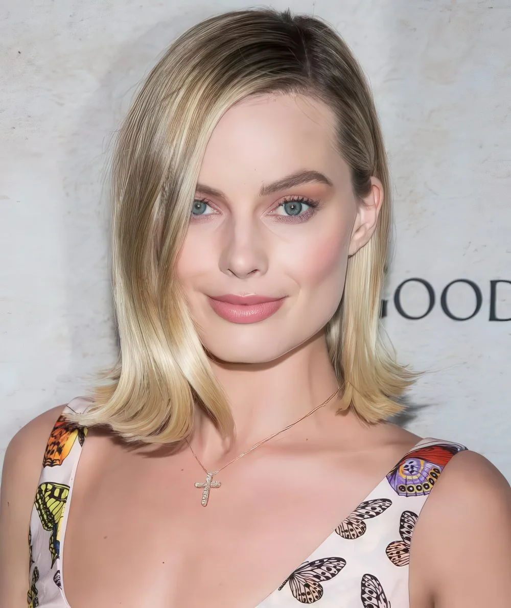 Photo showing long blonde bob, with the hairstyle clearly visible.