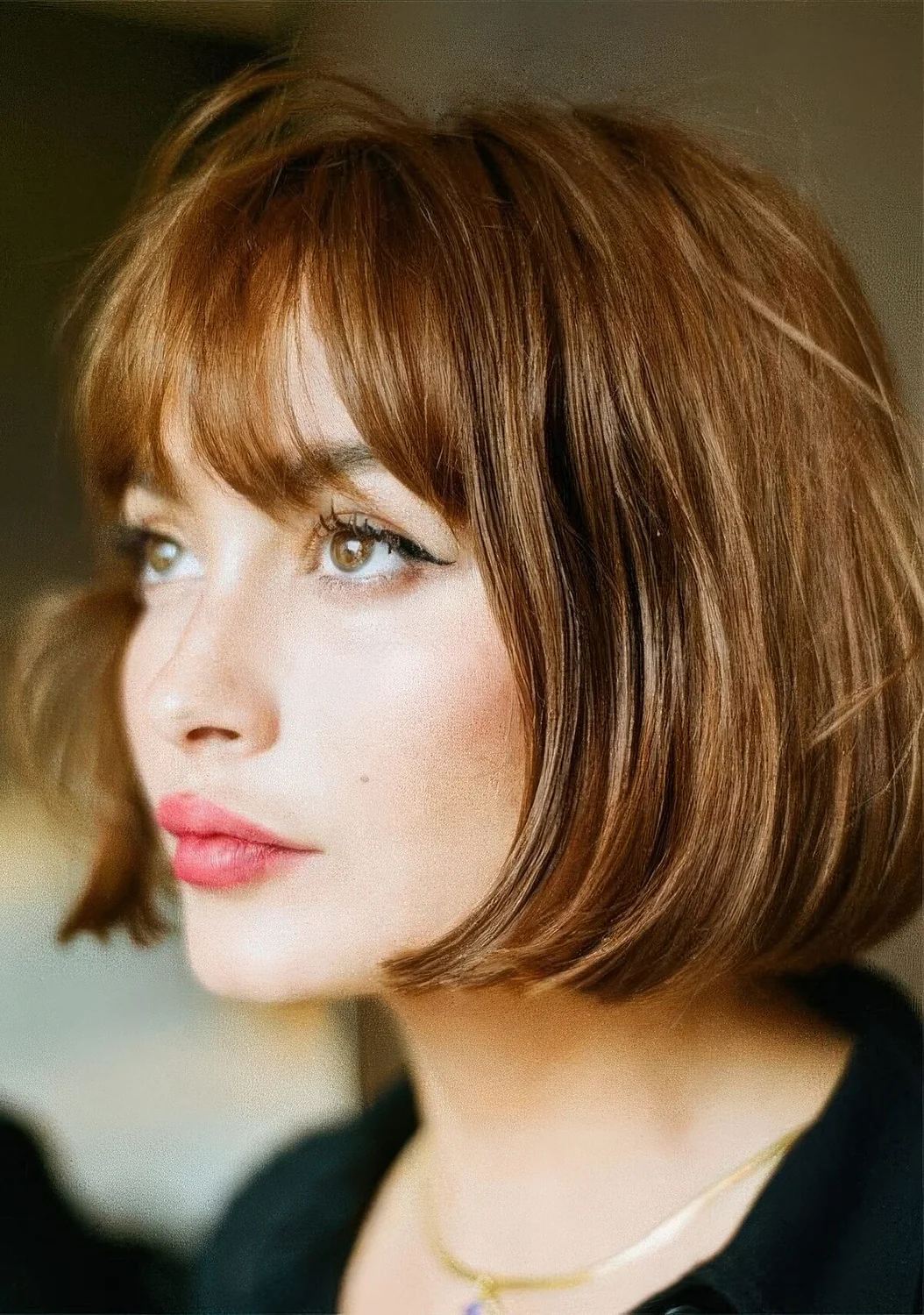 Caramel and honey French bob with bangs.
