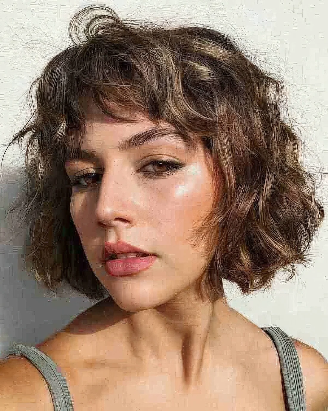 Tousled and layered French bob with honey balayage.