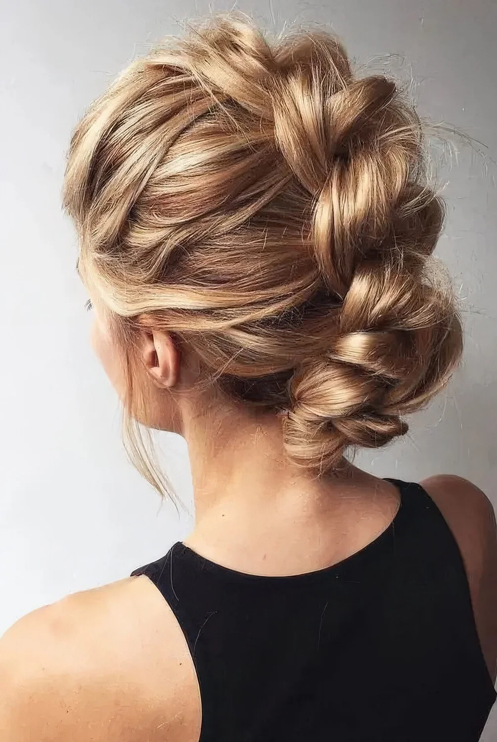 Messy and volumetric braided updo for medium and long hair.