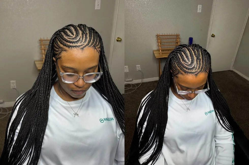 chest braids black knotless shown as a fulani braids idea, featuring black color