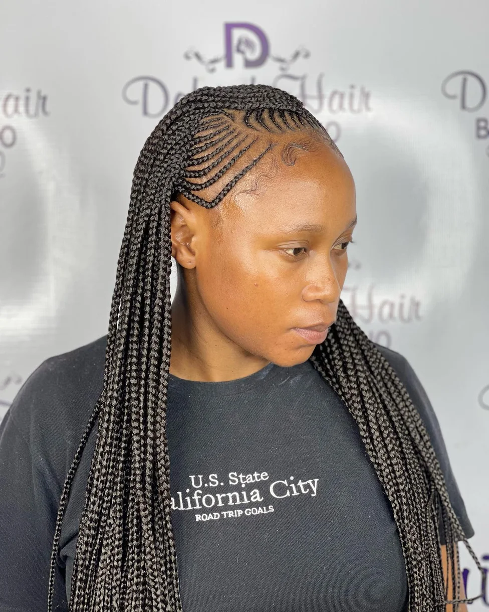 waist braids black knotless shown as a fulani braids idea, featuring braids texture