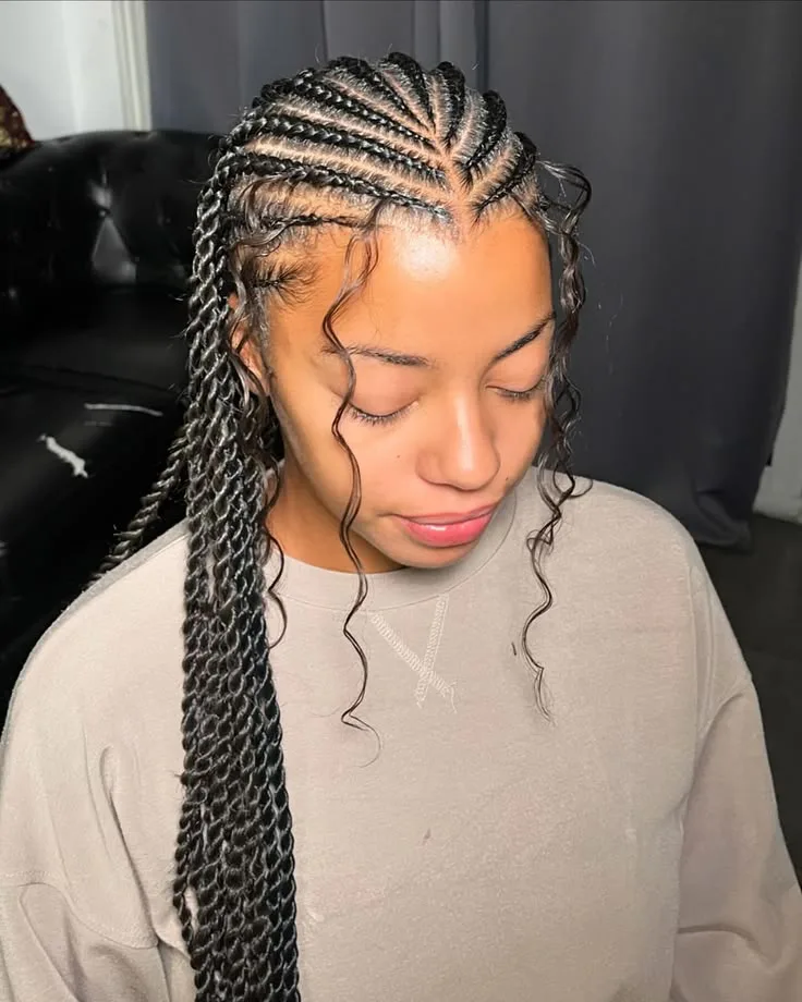 chest braids black knotless shown as a fulani braids idea, featuring braids texture, shown in black woman small feed in braids for fulani braids