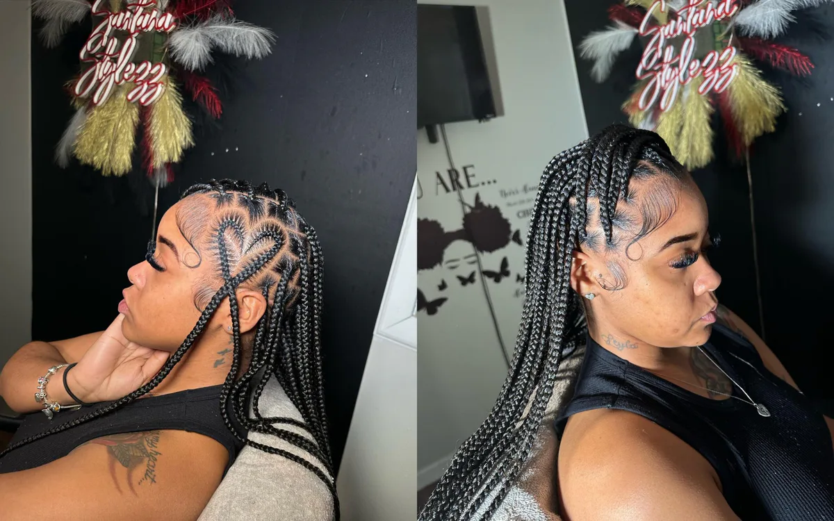 chest braids black knotless shown as a fulani braids idea, featuring knotless braid pattern, shown in black woman long braids with styled edges for fulani braids