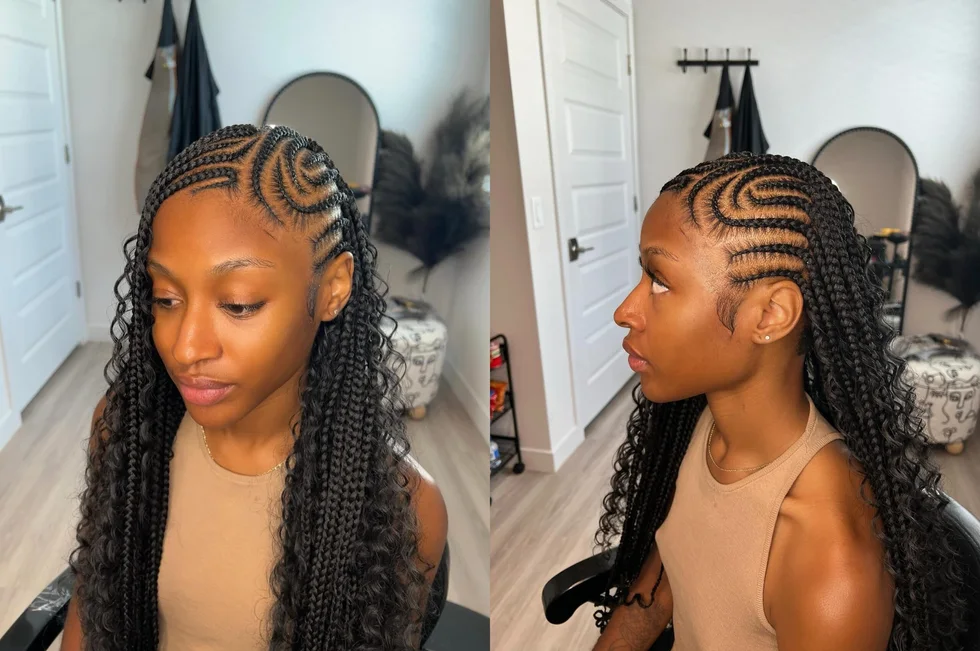 chest braids black fulani shown as a fulani braids idea, featuring braids texture, shown in side view fulani braids