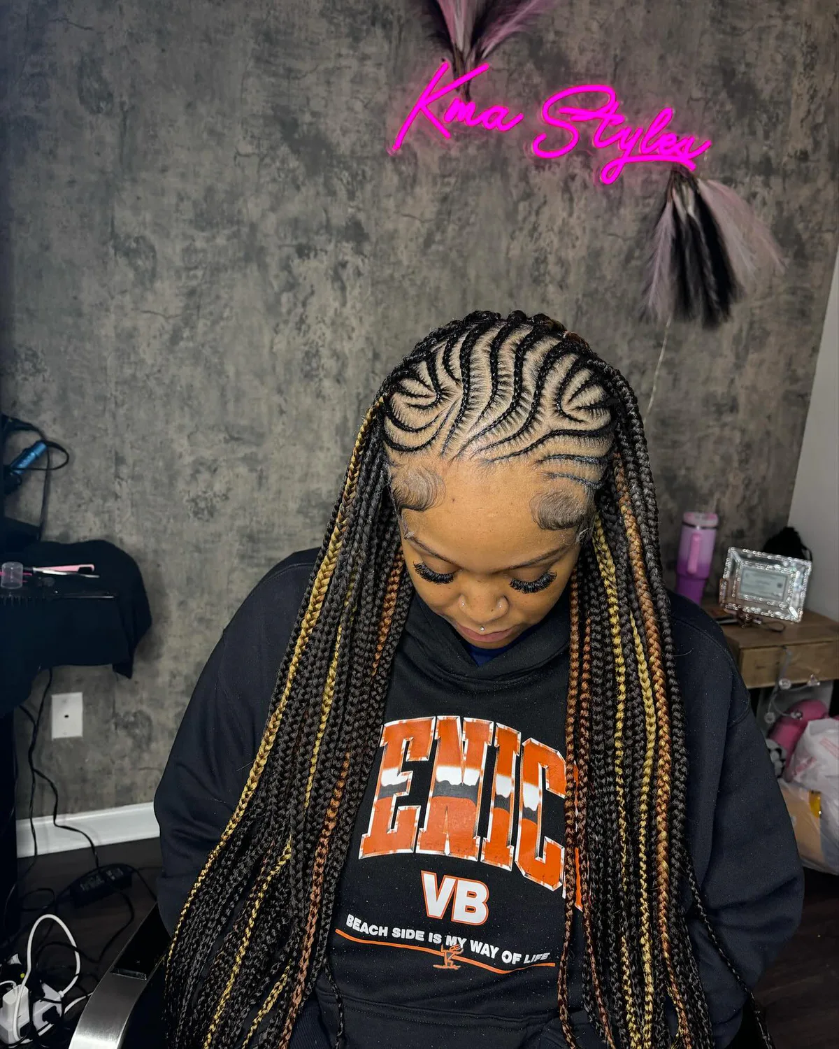 waist braids black knotless shown as a fulani braids idea, featuring waist outline