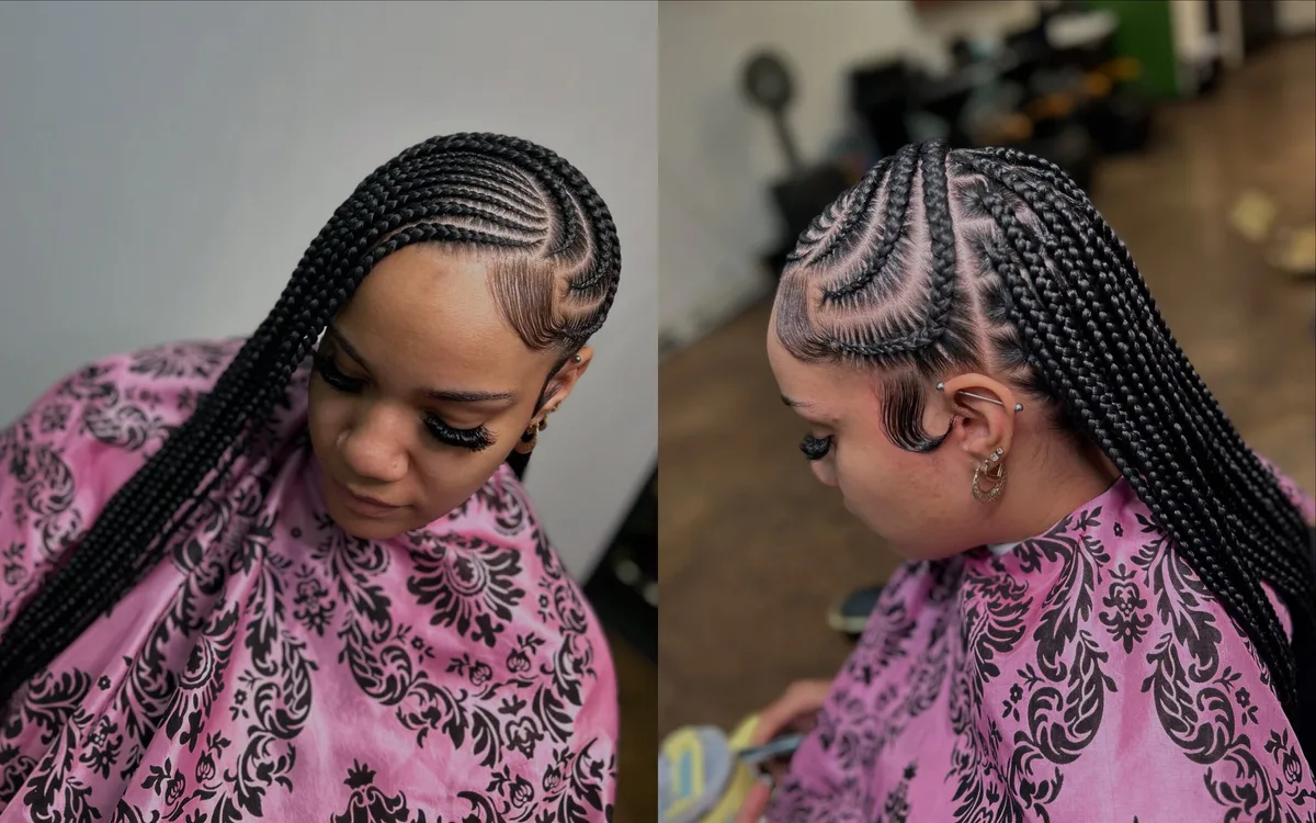 chest braids black knotless shown as a fulani braids idea, featuring center part, shown in black woman cornrows with long braids for fulani braids