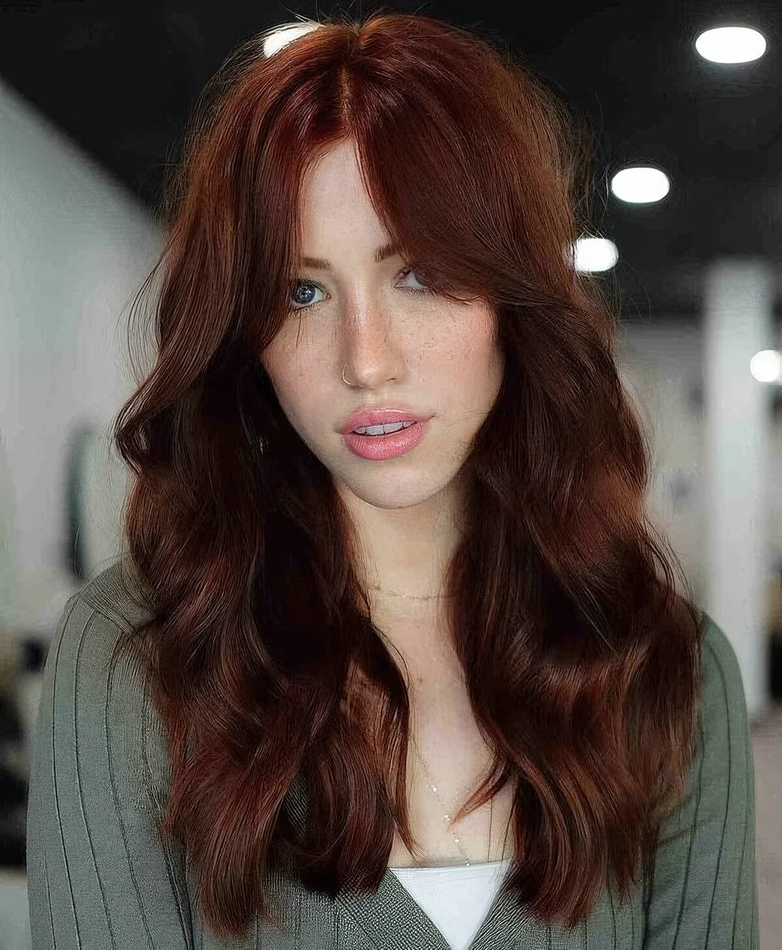 Deep ginger long butterfly haircut with bottleneck bangs and waves plus a lot of dimension.
