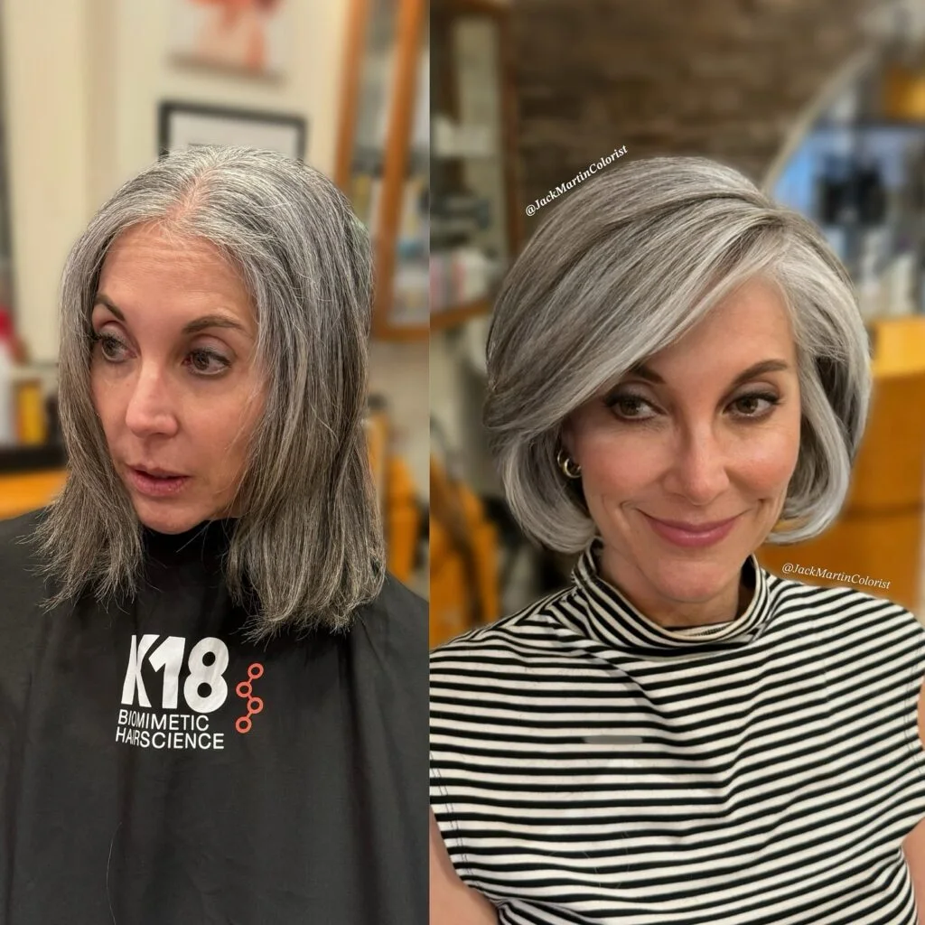 shoulder straight silver bob shown as a gray blending for older women idea