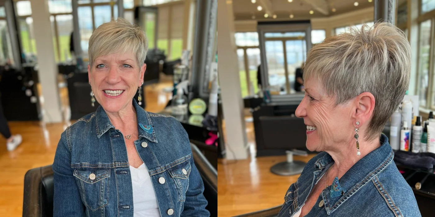 ear straight blonde pixie shown as a haircuts for thin fine hair idea, featuring straight texture