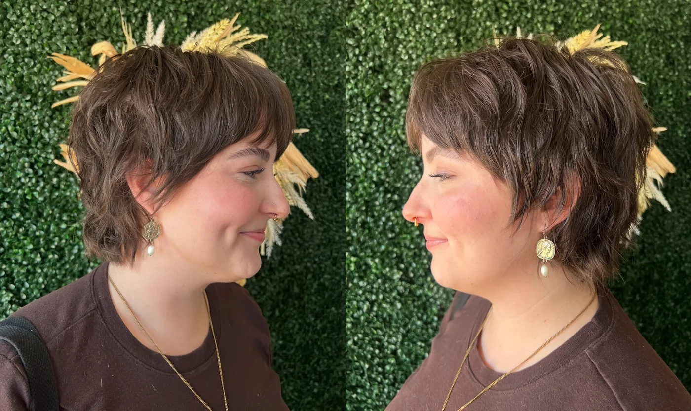shoulder wavy chestnut shag with side swept fringe shown as a haircuts for thin fine hair idea