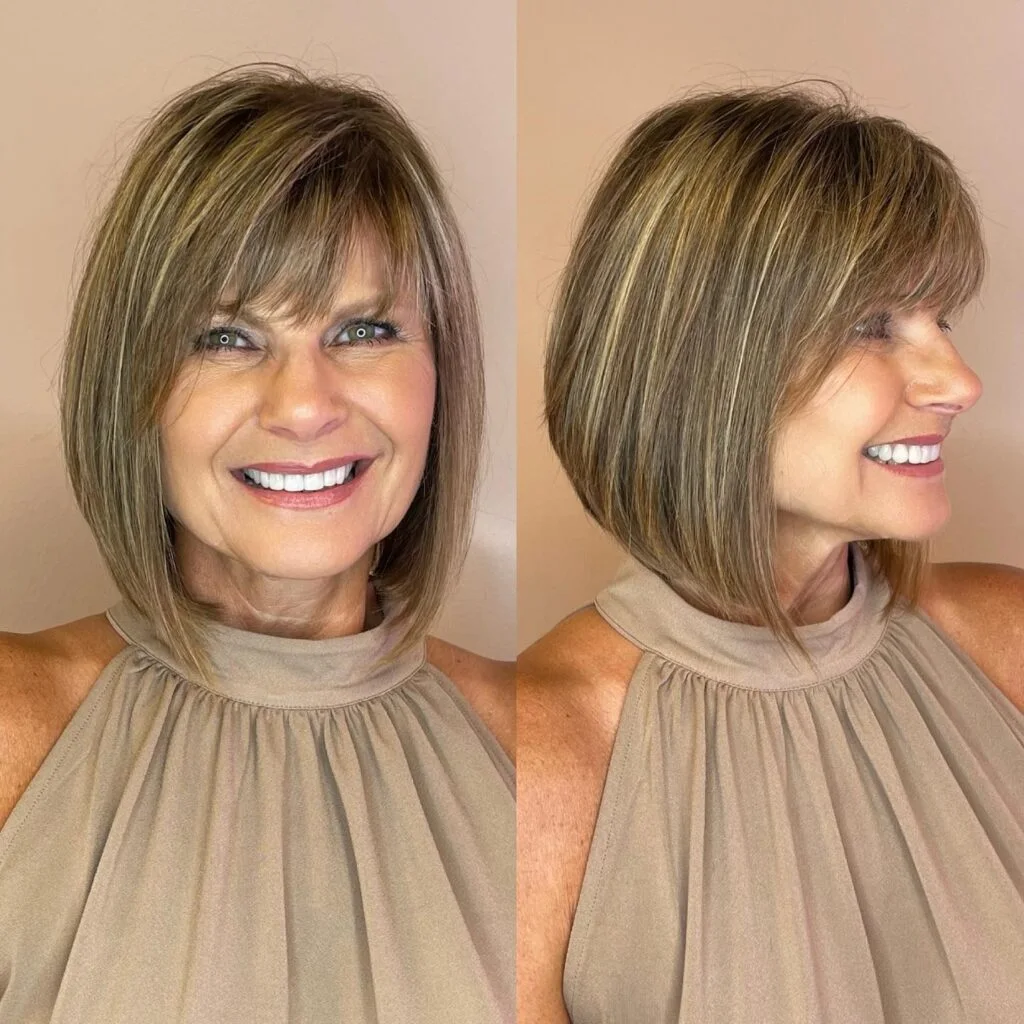 shoulder straight honey layers with wispy fringe shown as a haircuts for women over 50 idea