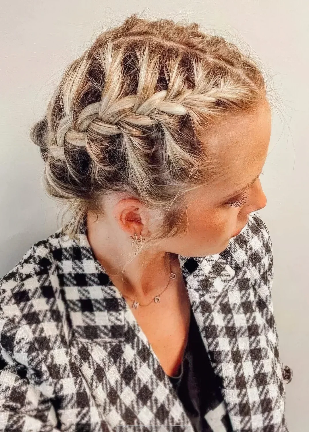 Braided updo with two braids on the sides of the head.