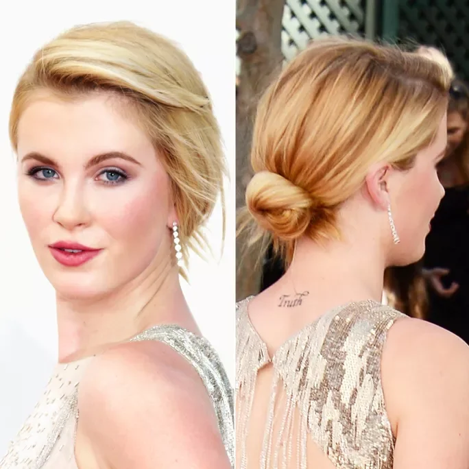 chest straight honey updo with side swept fringe shown as a hairstyles for going out idea