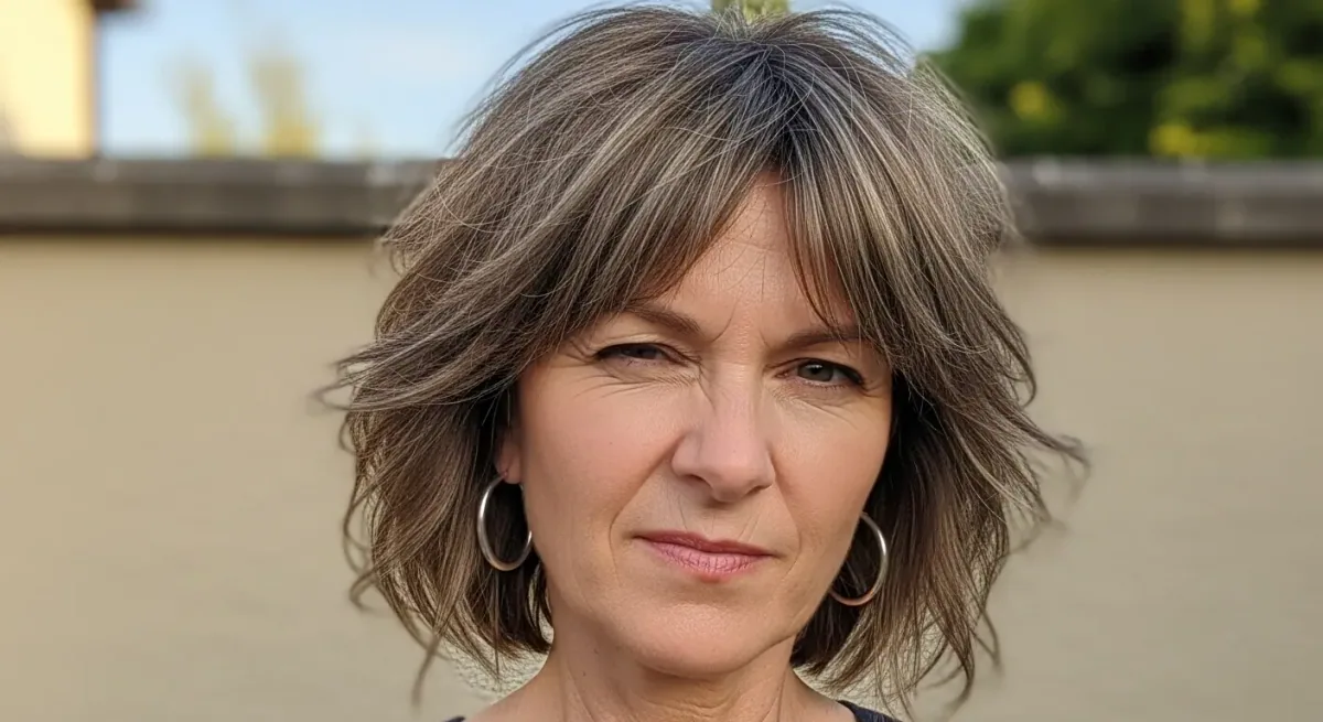 shoulder wavy silver shag with curtain fringe shown as a hairstyles for women over 40 with bangs idea