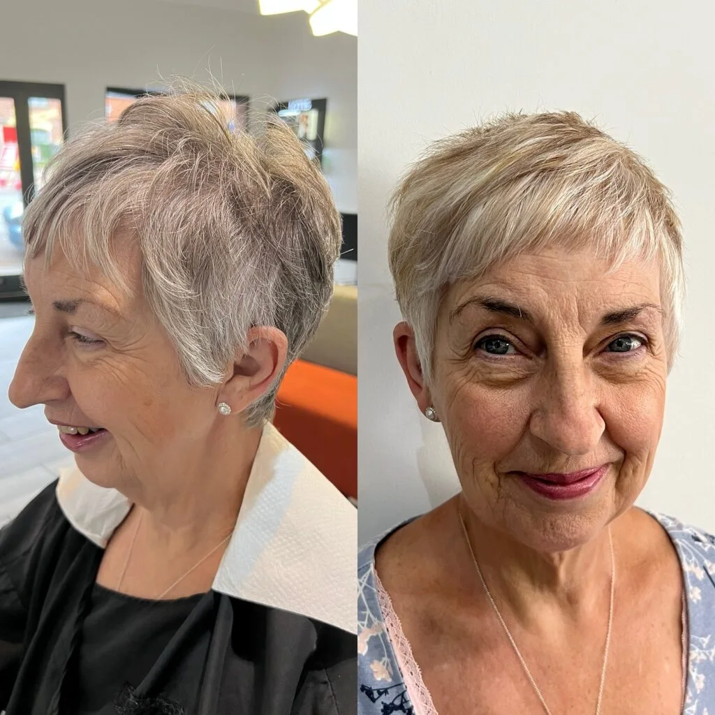 ear straight silver pixie with side swept fringe shown as a hairstyles for women over 60 with thin hair idea