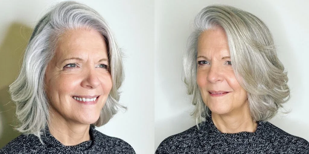 chin wavy gray bob shown as a hairstyles for women over 60 idea