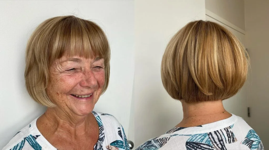 chin straight brunette bob with wispy fringe shown as a hairstyles for women over 60 idea
