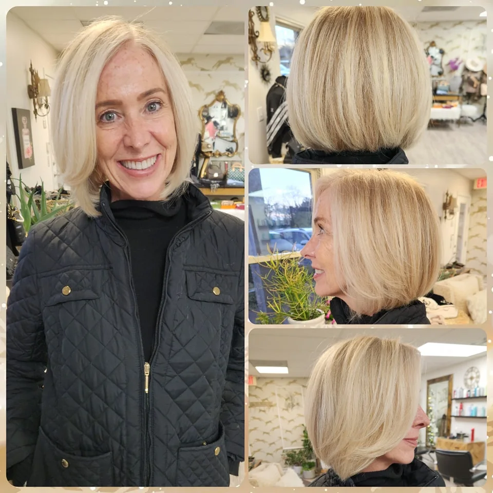 chin straight blonde bob shown as a hairstyles for women over 60 idea