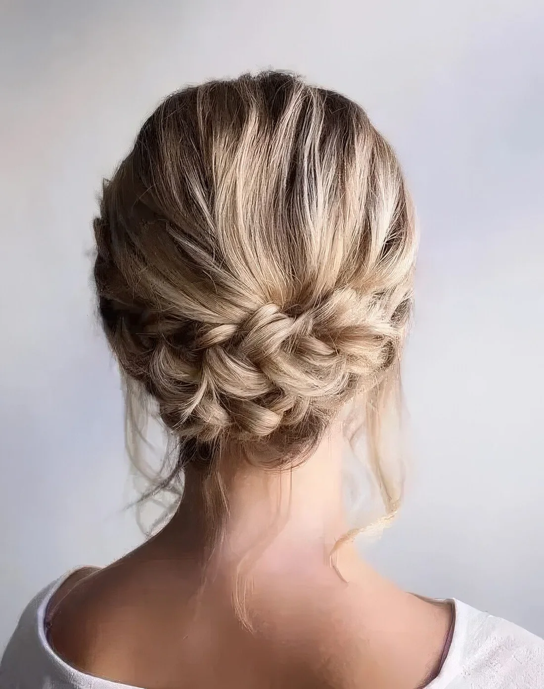Rustic low updo with a double braid and some locks down.