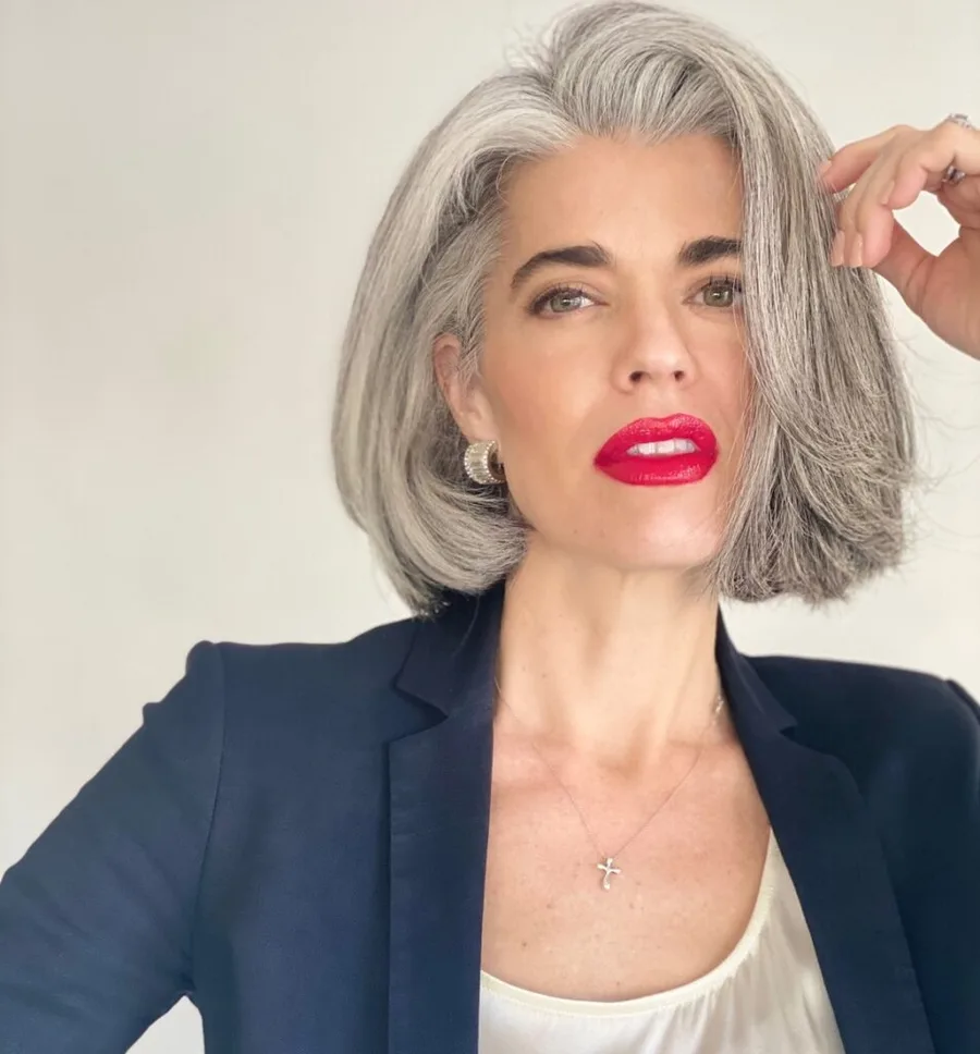 chin straight silver bob shown as a layered bob hairstyles for older women idea, featuring chin outline