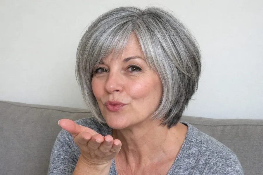 chin straight silver bob shown as a layered bob hairstyles for older women idea, featuring volume through the low volume