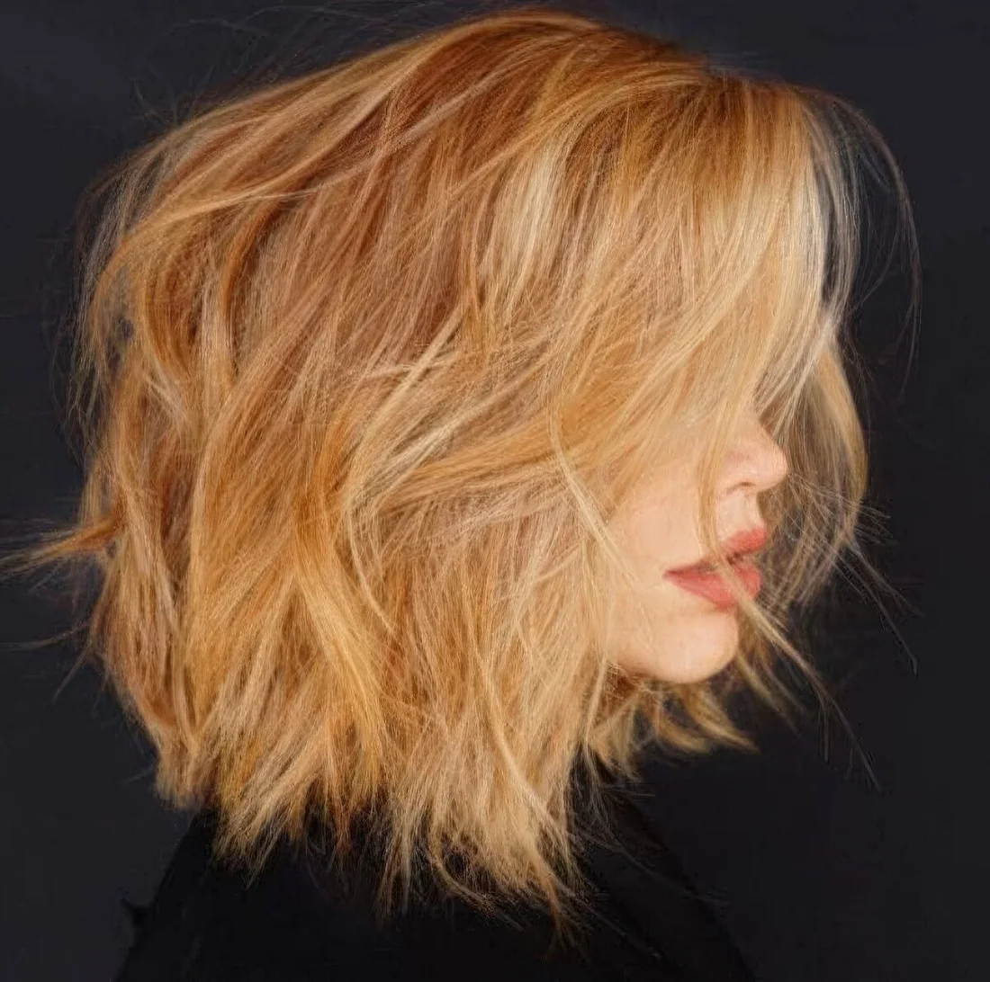 Ginger uneven layered bob with blonde belayage.