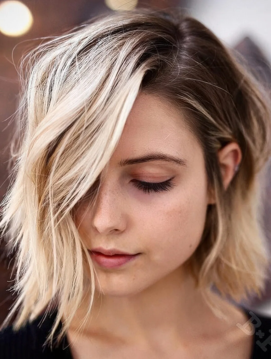 Photo showing chic balayage hairstyle, with the hairstyle clearly visible.