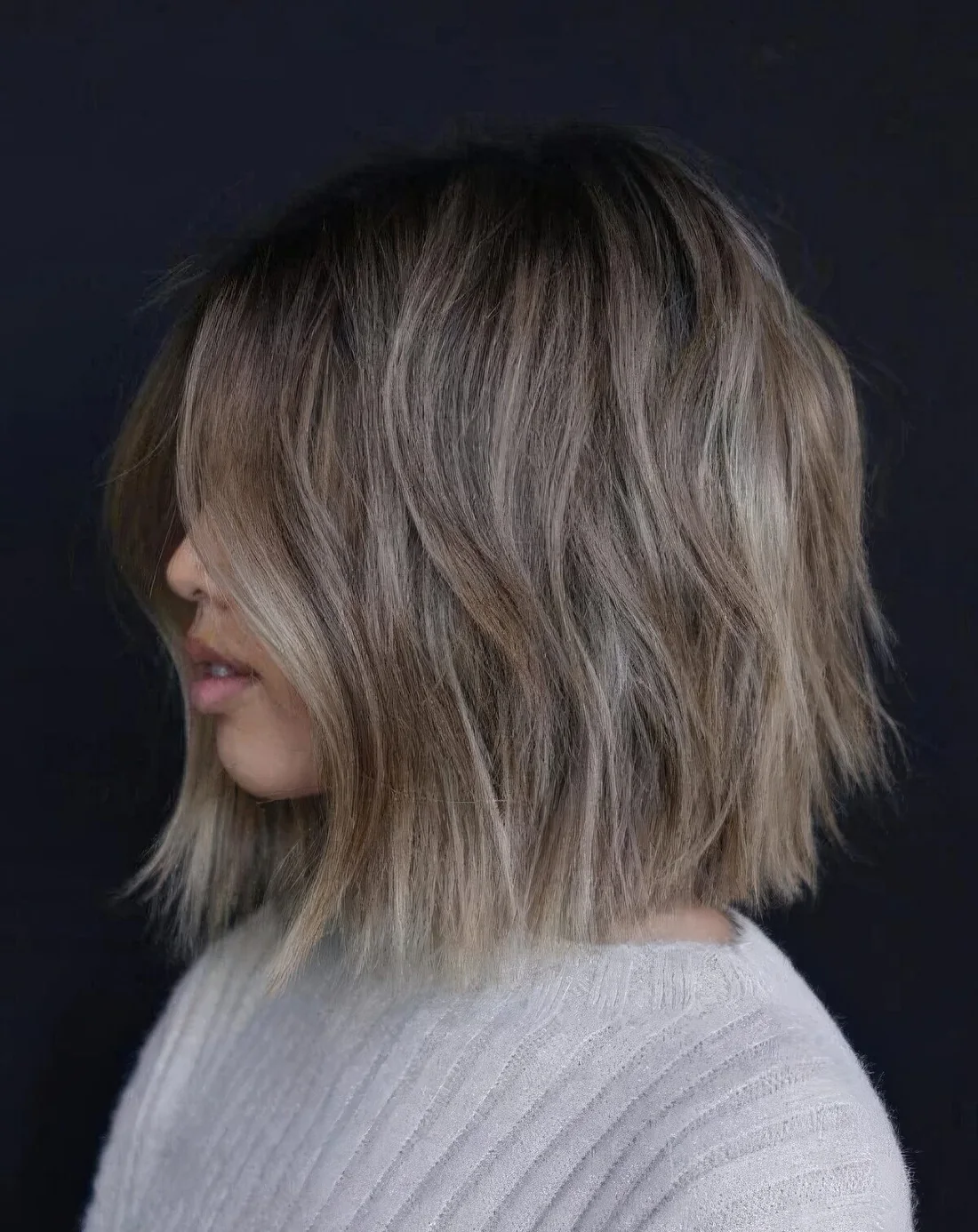 Ashy bob haircut with layers goes perfect, it.