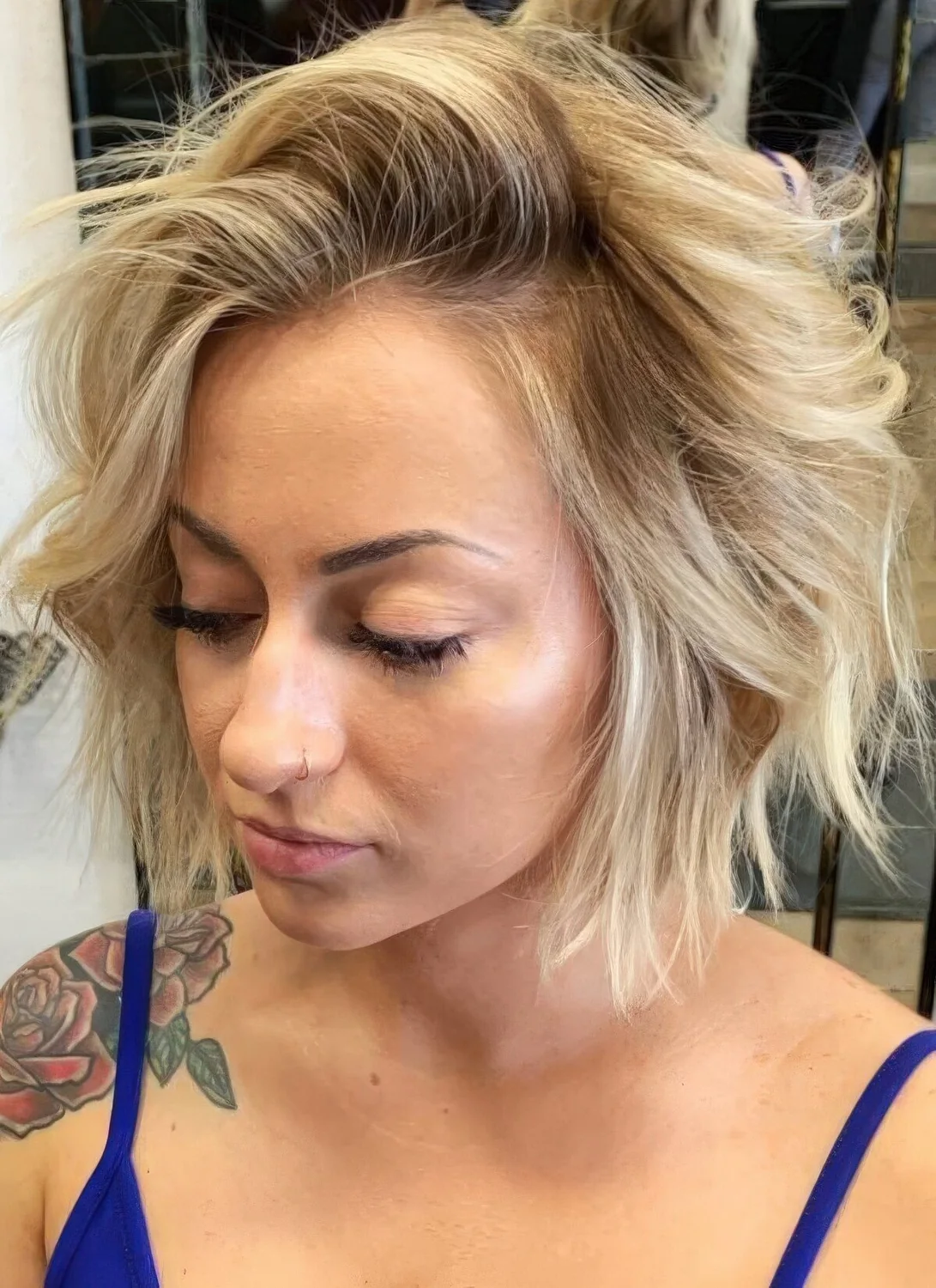 Photo showing this choppy layered bob, with the hairstyle clearly visible.