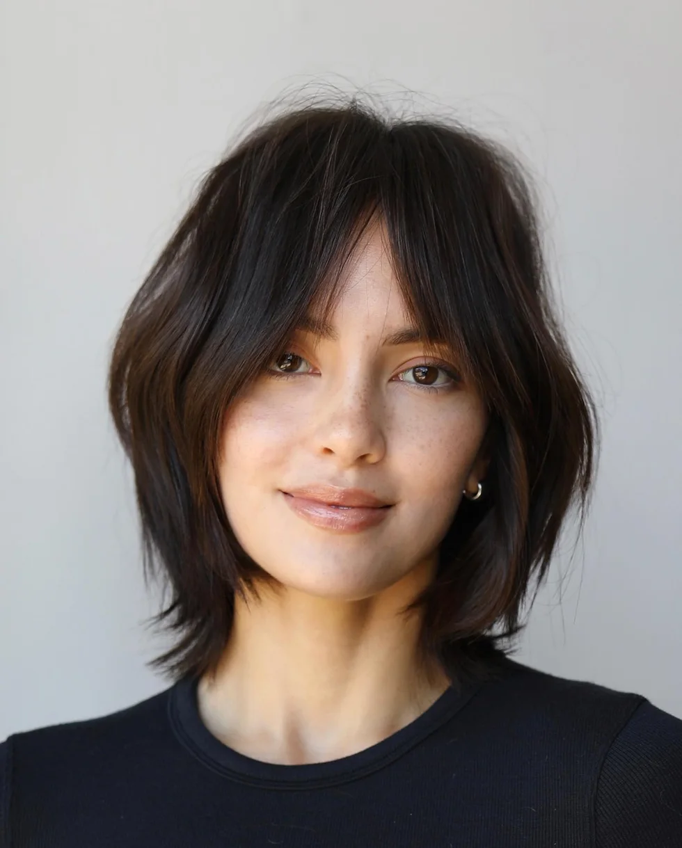 neck straight brunette bob with curtain fringe shown as a layered bob with curtain bangs idea
