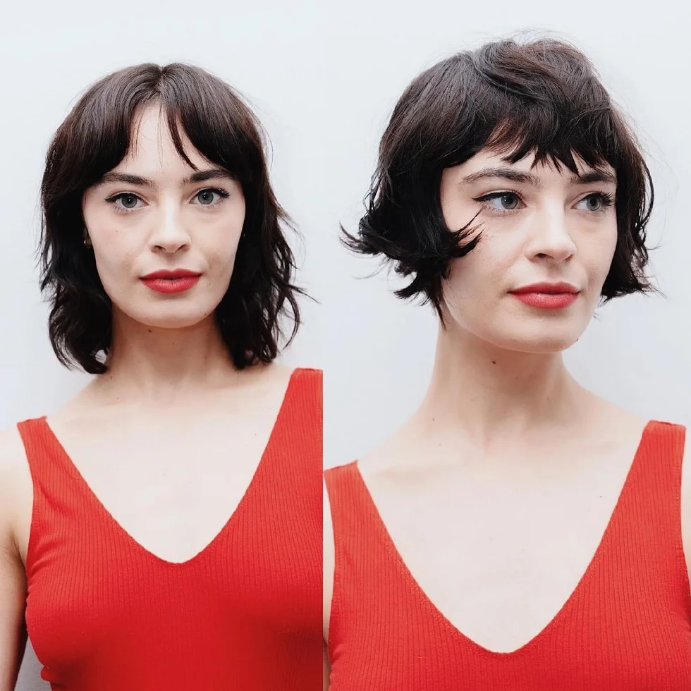 chin wavy chestnut bob with curtain fringe shown as a layered bob with curtain bangs idea