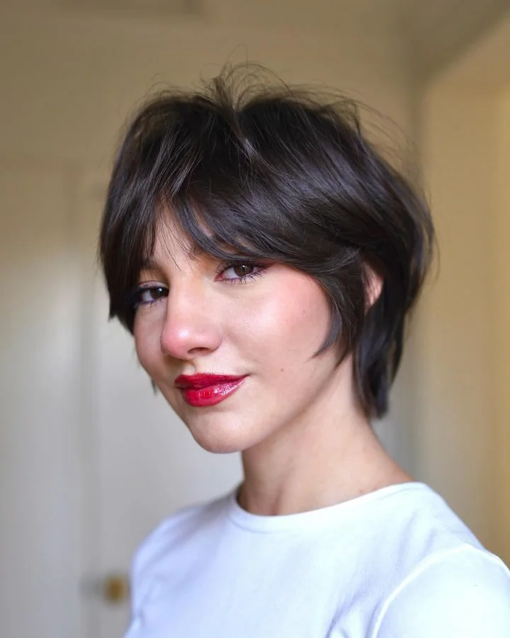 chin straight chestnut bob with curtain fringe shown as a layered bob with curtain bangs idea, featuring straight texture