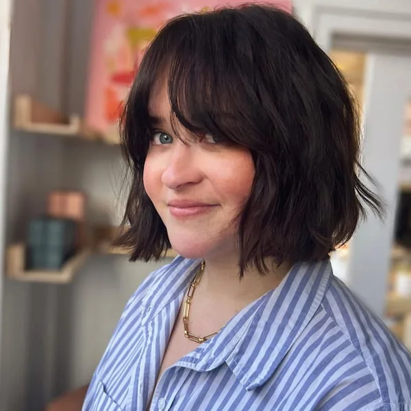 chin straight chestnut bob with curtain fringe shown as a layered bob with curtain bangs idea, featuring chin outline