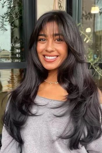 chest wavy chestnut layers shown as a layered hair with bangs idea