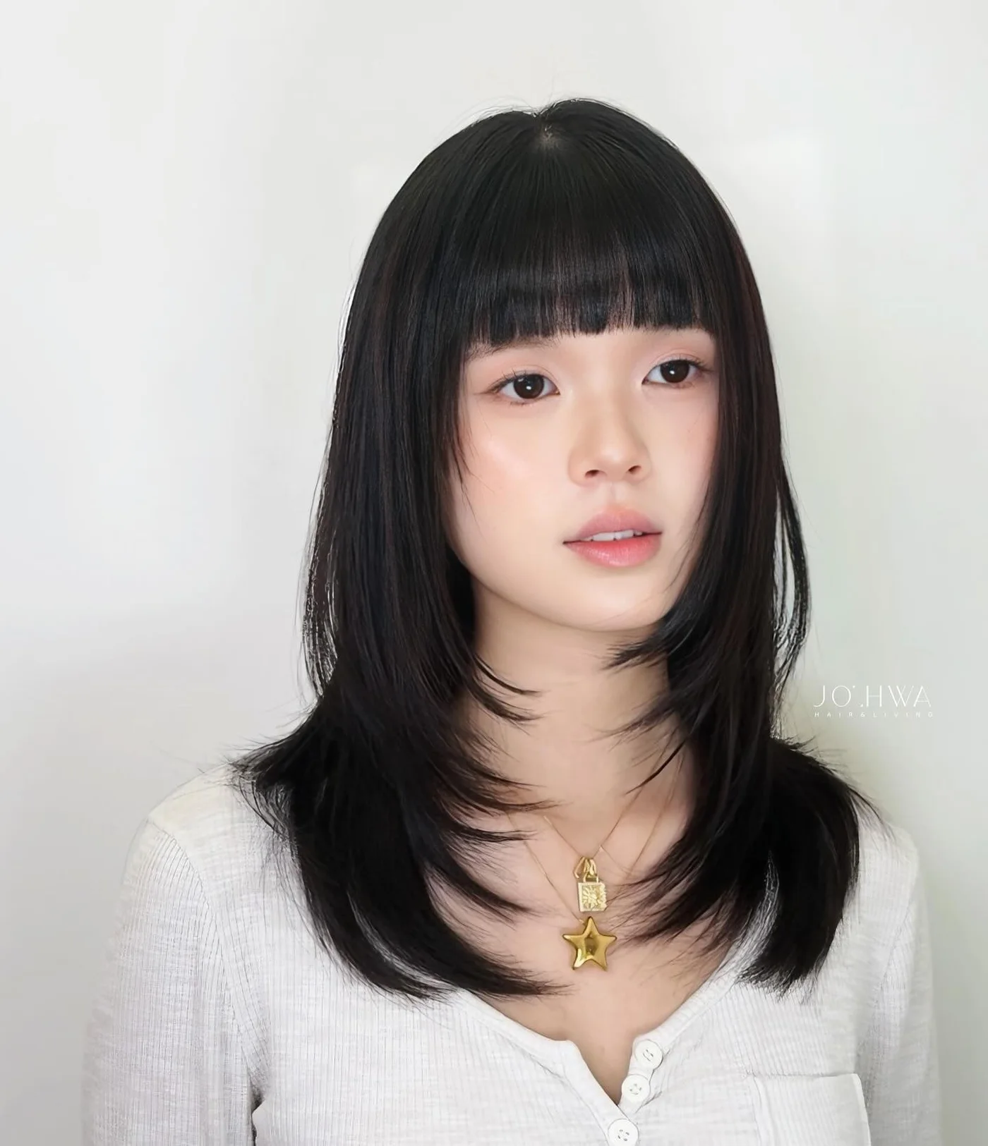 shoulder straight black layers with wispy fringe shown as a layered hair with bangs idea
