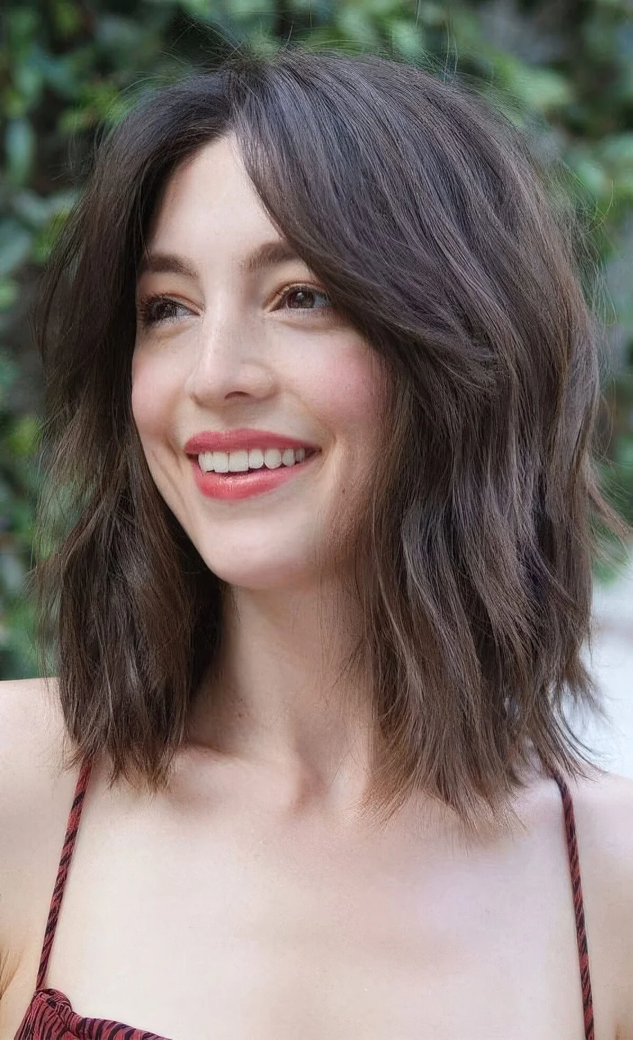 Brown layered long bob with curtain bangs and texture.