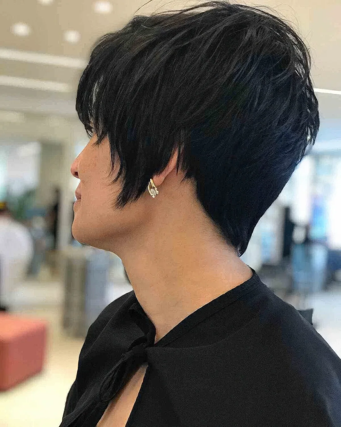 Black pixie with a layered top doesn't require even blow drying, make the endswispy for a soft touch.