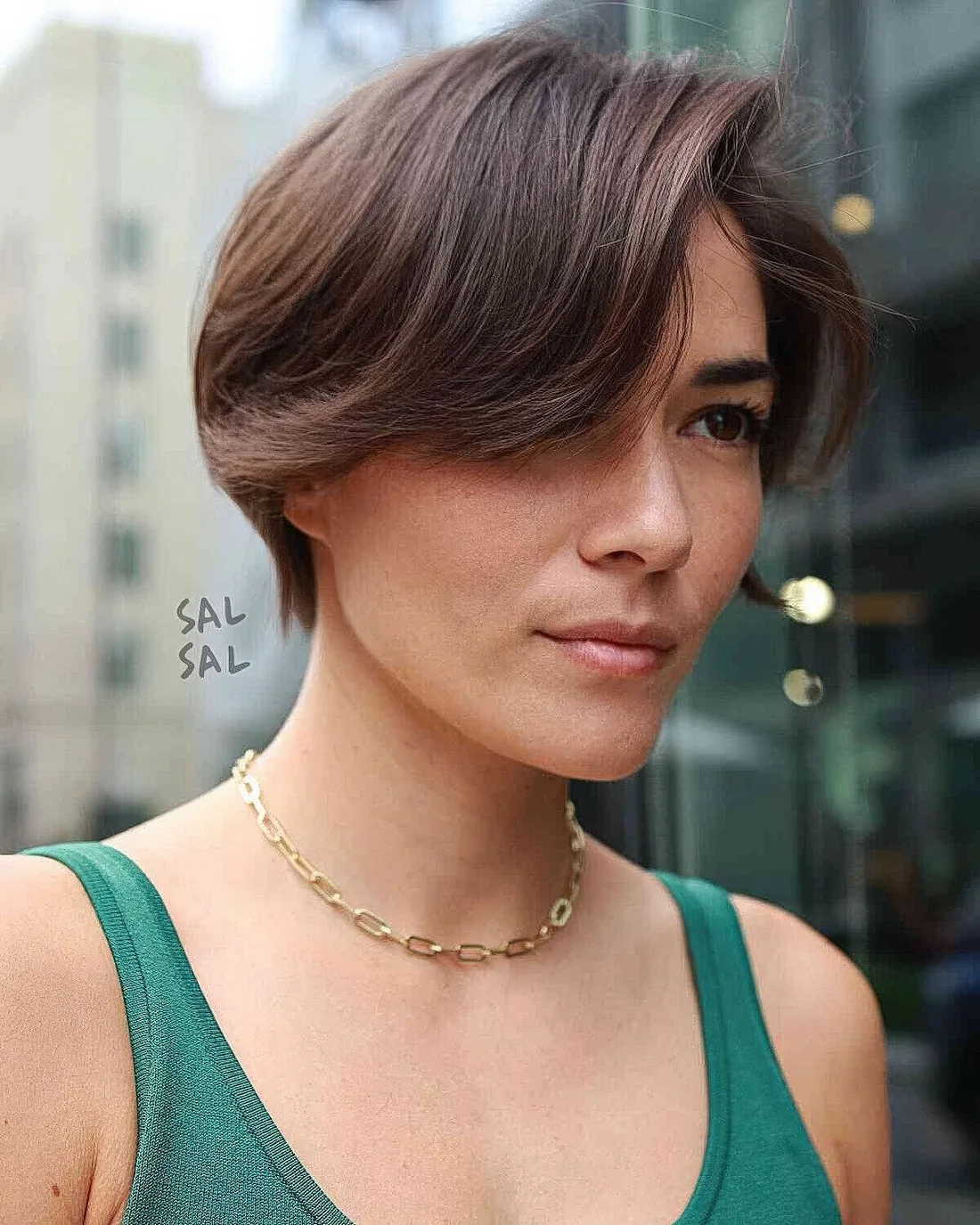 Photo showing wispy layered pixie, with the hairstyle clearly visible.