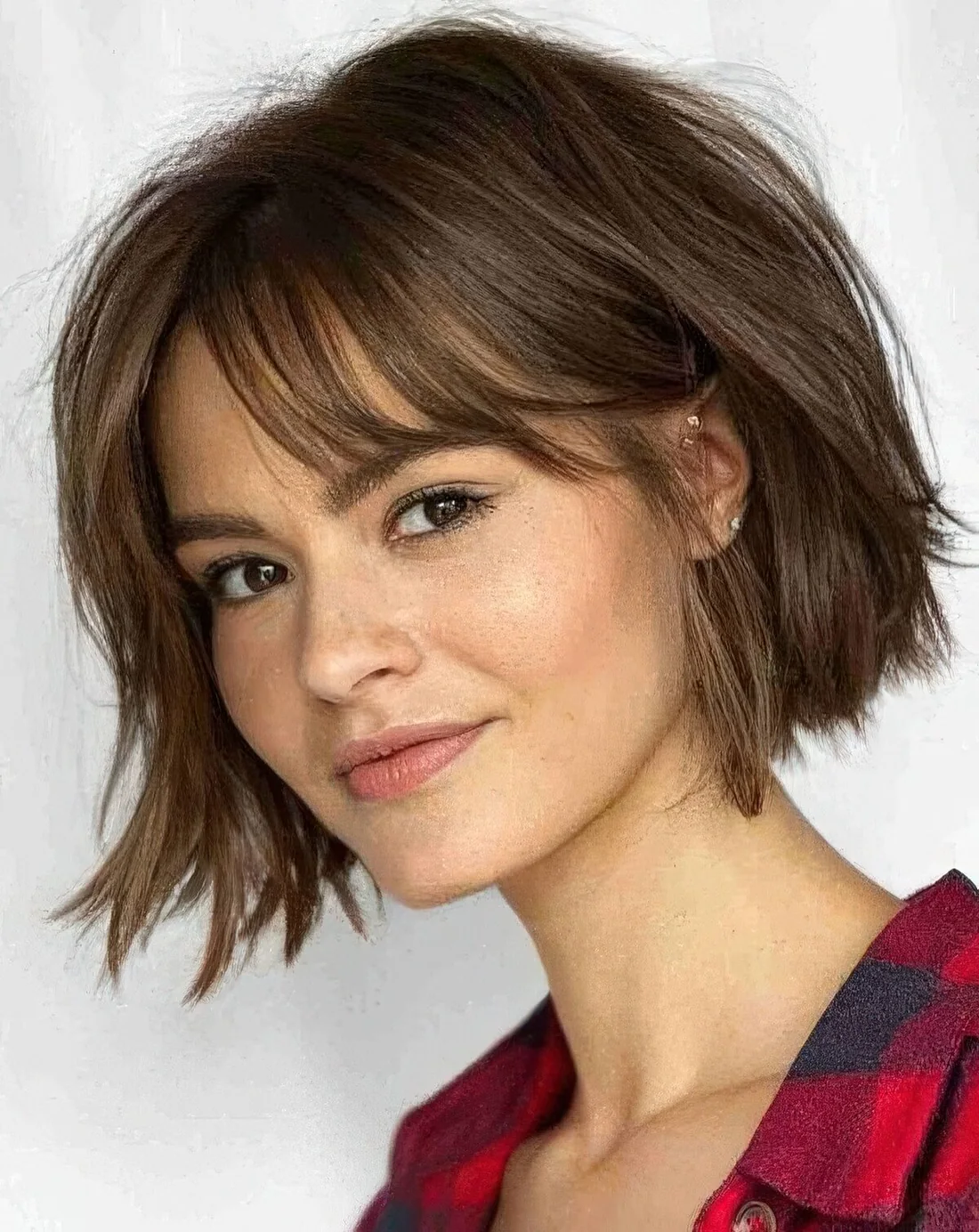 Wavy brunette bob with curtain bangs and a bit of messy texture.